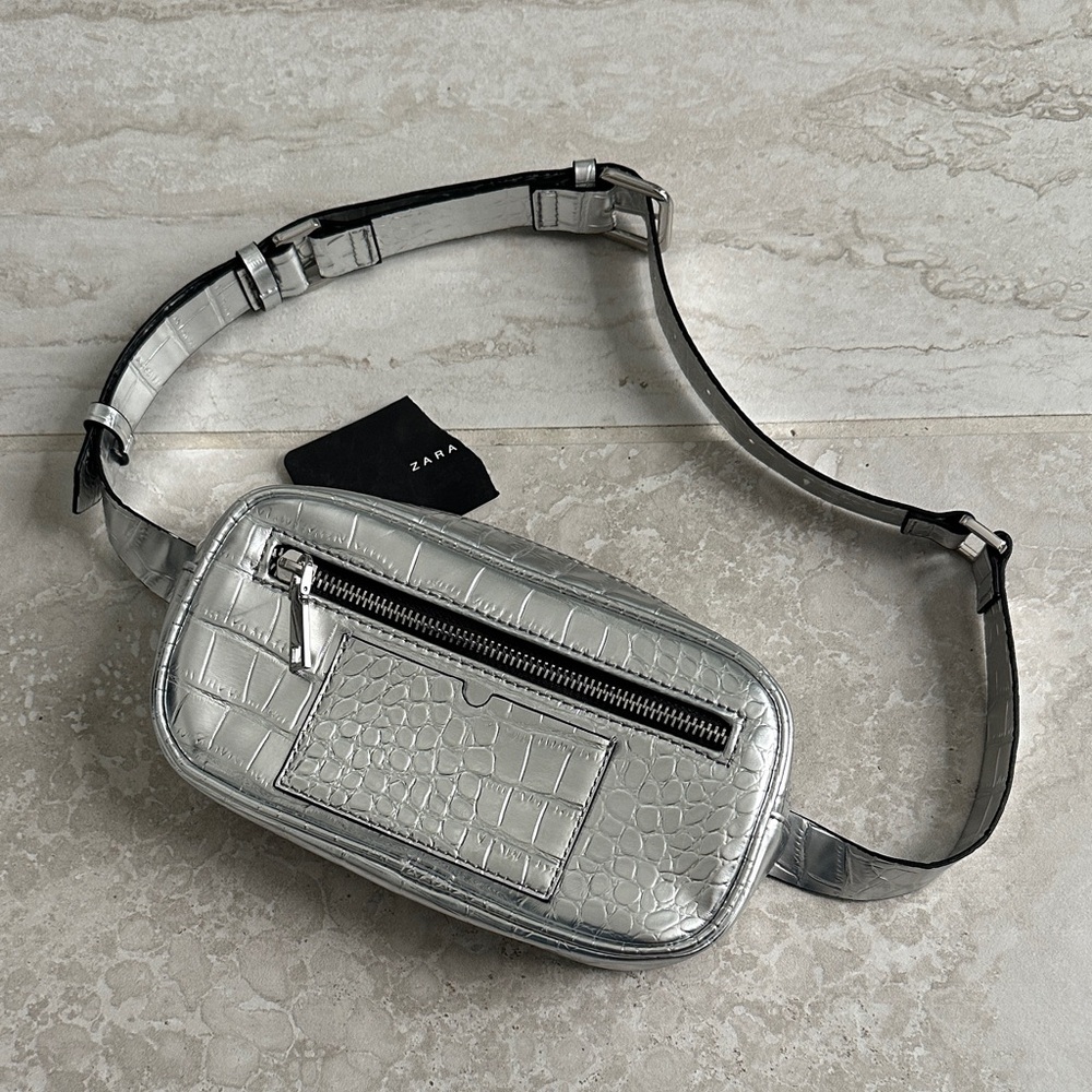 Zara Metallic Silver Croc-Embossed Belt Bag